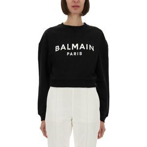 BALMAIN Logo Cropped Sweatshirt with Shoulder Buttons Women BLACK Sweaters &